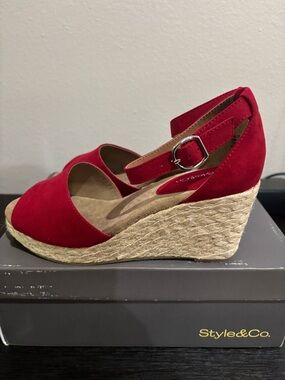 Style & Co. Womens Seleene Faux Suede Open Toe Wedge Sandals Red 8 W